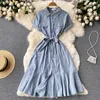 Party Dresses Ladies High Waist With Belt Dress Summer Fashion Casual Lapel Long 2024 Women Elegant Solid Single-Breasted Pocket