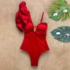 Women's Swimwear 2024 New Arrival Ruffle Swimwear Single Shoulder One Piece Swimsuit Women Floral Printed Tropical Summer Beach Bathing Suit