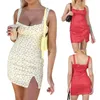 Casual Dresses Women Bodycon Sweet Mini Dress Evening Party Summer Clothes 2024 Sleeveless Ruched Bust Floral Split Sexy Club Streetwear