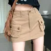 Khaki jeansowe mini spódnica mini spódnica Kobiety Summer High talia Owinięte biodrową spódnice Kobieta Sexy Chude Pockets Korean Y2K Short 240411