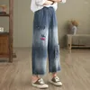 Jeans femminile aricaca donne ad alta vita con patch gamba larga pantaloni da ricamo m-2xl pantaloni in denim