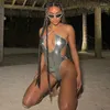 Kadın Mayo Kadınları Metalik Mayo Parlak Bikini Cross Halter Hollow Out Sırtsız Tek Parça Seksi Plaj Giyim Mayo Takım elbise Bodysuit