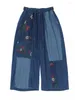 Kvinnors byxor kontrast färg retro snörning lapptäcke bred ben jeans överdimensionerad design mode denim rak för kvinnliga byxor k680
