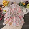 カジュアルドレスAyualin Floral Print Summer Spring Boho Lace Up Mini Vestidos Vintage Lantern Sleeve Loose Dress for Women Party