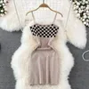 Günlük elbiseler Hong Kong aromalı ekose elbise 2024 yaz seksi ince örgü kolsuz kısa sırt çantası kalça