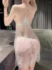 Sukienki swobodne słodkie koreańskie kobiety mini sukienka koronkowa siatka czysta duża seksowna wiosna letnie pikantne dziewczyny przezroczyste eleganckie topy 2024 9tto