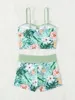 Women's Swimwear Vintage Green Floral Print Bikini Set Women Pleate Push Up Drawstring High Waist Swimsuit Tankini 2024 Bathing Suit