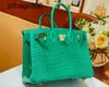 Handmade 7a Handbag Bikns Genuine Leather Green High gloss Crocodile Skin 25CM Womens Handheld with Bright Face WomensAWYT