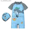 One-Pieces 2024 toddler boys and girls swimwear with hats summer swimwear for children diving beach suit integrated UV baby shower suit Q240418