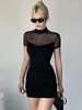 Casual Dresses Goth Dark Mock Neck Y2k Bodycon Mini Gothic Women Mesh Patchwork Sheer Party Dress