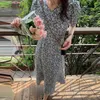 Casual Dresses Long-sleeved Dress Loose Waistline Elegant V-neck Floral Print A-line Midi With Fishtail Hem Soft For Women