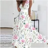 Robes décontractées Robe de créateurs pour femme vestidos vestido de mujer imprimé floral plongant élégant sans manches maxi féminine dhs3o