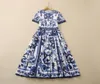 2022 Summer Fall Kort ärm Runda halsblå Paisley Print Bomullspanelpanelen Midcalf Dress Elegant Casual Dresses 22Q1923154466991