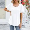 Kvinnors T -skjortor Kvinnor Fashion Casual Shirt Solid Color Round Neck Pleated Slim Short Sleeped Stretch Top Summer Elegant Ladies Bluses