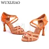 Sandals Wuxijiao Ladies Latin Dance Shoes with Brown Satin Rhinestone Style High Heels Salsa Dancing Shoes Comfortable Soft Heel 9cm