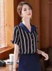 Women's Blouses Summer Short Sleeve Black Blue Patchwork Striped Shirt Retro Single-breasted Basic Blouse Korean Style Intellectual Tops