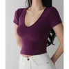 女性用TシャツファッションレトロメイドセクシーなディープVネックエラスティックスリムフィットスリミングハイウエストショートスリーブTシャツタイトボトムトップ