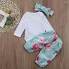 Zestawy odzieży 3PCS Bowknot Opaska na głowę załoga szyi romper spodnie dziewczęcy body