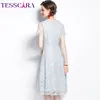 Party Dresses Tesscara Women Summer Elegant Blue Lace Dress Festa High Quality Office Robe Femme Runway Vintage Designer A-Line Vestidos