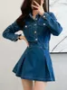 Lässige Kleider Vintage Slim Jean Mini Kleid Frauen 2024 Turndown-Kragen Langarm Langarm hoher Taille Kurzfrau weibliche koreanische Mode Vestidos