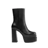 2024 Lady Sheepskin Leather Half Boots Square 13cm Chunky High Heels Solid Zipper 6cm Platform Ankel Booties Round Toes Roman Martin Wedding Shoes Storlek 35-43