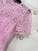 Designer Dress 2024 New Sakura Pink Lace Short Sleeves Round Neck High end Style Dress Beautiful Waist Wrap