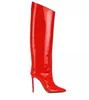 2024 Lady Sheepskin Patent Leather Stiletto High Heels Knight Boots Pleated Over-Knee dragkedja Kvinnor lårhöga långa stövlar Pille Toe Bröllopskor Big Size 34-48
