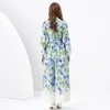 Designer Casual Party Floral Maxi Dress V-neck Long Sleeve Women Printed Cardigan Shirt Dresses Runway Elegant Belt A-line Beach Resort Cocktail Robes Clothes 2024