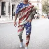 Mens T-shirt Long Pants Tracksuit American Flag 3D Print T Shirts Trousers Set 2 Pieces Streetwear Overdized Sportswear 240407