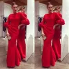 2024 Elegant Red Prom Dresses Jewel 3/4 Long Sleeves Satin Evening Gowns Custom Made Floor Length Red Carpet Special Occasion Dress