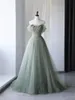 Sage Romantic Tulle A Line Evening Party Dresses Off the Shoulder Floral Lace Formella klänningar Plevered Sweep Train Women Second Reception Prom Dress Vestidos CL3507