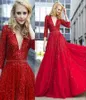 ALine Deep V Neck Prom Dress 34 Long Sleeve Sequins Beading Red Prom Dress Custom Made Celebrity Party Gown Glamorous Evening Dr5435599