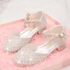 Girls High Heel Shoes For Kids Pearl Teen Crystal Party Princess Shoes Child Wedding Formal Leather Sandals Girls Footwear Party 240412