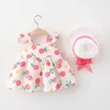 Girl Dresses Girls' Pleated Sleeves Summer Dress 2 Pieces Of Fruit Pattern Printed Princess Big Bow And Hat Set