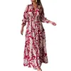 Lässige Kleider Maxi Kleid Frauen elegante V-Ausschnitt Langarm Faltene Elastizität mit hoher Taille Rüschenstechen lose Blätter Druck Vestidos
