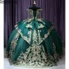 2024 Quinceanera Dresses Green Lace Appliques Off Shouldry Crystal Beads Short Sleeves 3d Floral Flower Plus Size Parmal Party From Evening Gowns