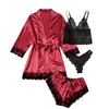 Women's Sleep Lounge New Womens Pajamas Four-Piece Sexy Large Size Robe Halter Shorts Set Outside Home Wear Pajamas Set Sexy Lace Pajamas Robe d240419