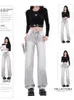 Women's Jeans WCFCX STUDIO 2024 Straight Women American Vintage High Street Denim Trousers Fashion Washed Do Old Wide Leg Pants