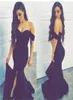 2019 Sexy Off the ramię długie sukienki na studniówkę syrenę Slit Slit arabski czarna satyna Arabia Saudyjska Dubai Formalne suknie wieczorowe z RUF8999167