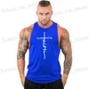 メンズTシャツNew Guys Gym Gym Clothing Cottonprinted Training Singlets Bodybuilding Tank Top Mens Mens Slveless TシャツスポーツベストT240419
