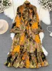 Robes décontractées printemps automne femmes léopard arc arc simple robe longue robe vintage lanterne manche haute