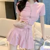 Work Dresses Sweet Spicy Girl Stand Collar Top Pleated Skirt Two-piece Set Women Lace Up College Sport Leisure Summer Slim Female Suit