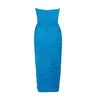 Casual Dresses VC Celebrity Party for Women Sexy V Neck Blue Mesh Patchwork Bandage Slim Draped Design Midi Dress