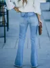 Women's Jeans Stretch Washed Ripped High Waist Tassel Flare Women Light Blue Wide Leg Pants Femme Slim Fit Denim Trousers