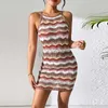 Basic Casual Dresses Designer Dress Sexy Hollow Knitted Suspended Dress Summer Slim Fit Stripe Mid length Knitted Dress