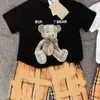 British Style Short Sleeved Shorts Set Classic Two-Piece Clothes Trendy Plaid Pants for Boys Girls Cartoon Teddy Bear Printed T-Shirt Clothing CSD2404196