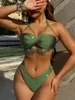 Женские купальники Сексуальный зеленый крест Gillter Halter Bikinis Sets 2024 Женщины Две штуки Попальные V-вайисты купальники пляжная одежда купания костюмы