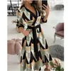 Casual Dresses Women Lace Up Spring Summer Dress Long Sleeve Unique Elegant High Wait Slim V-neck Female Solid Color Computer