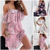 Basic Casual Dresses Women Dress Ruffle Spaghetti Strap Patchwork Female Dress Off Shoulder Flounce Edge Short Sleeve Lady Sling Dress For Beach