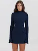 Casual Dresses QWEEK Vintage Elegant Office Ladies Dark Blue Sexy Mini Dress Women Commuting Bodycon Club Party Short 2024 Spring